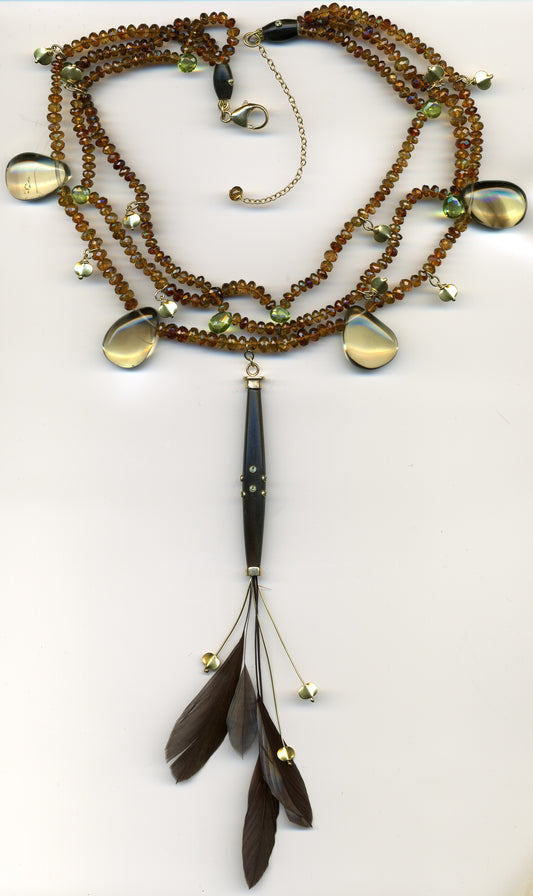Couture Tourmaline &amp; Feather Necklace : 18k gold, Brown Tourmaline, Peridot, Smokey Topaz, Feathers and Horn (ethically sourced)