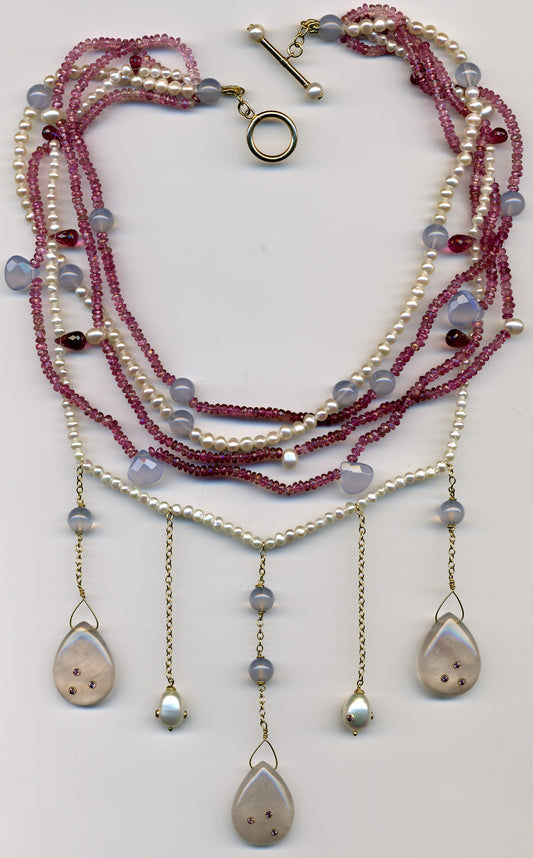 Couture Tourmaline &amp; Pearl Necklace: 18k gold, Freshwater Pearls, Blue Chalcedony and Rose Quartz