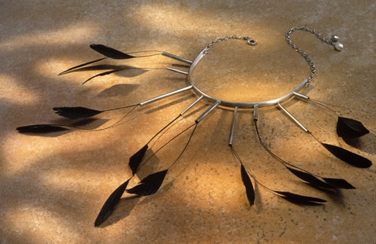 Isadora Necklace: Sensational Couture Sterling Silver and Black Feather Neckpiece