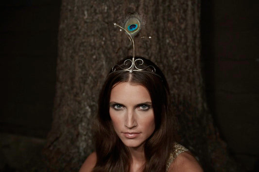 Couture Peacock Tiara: Sterling Silver, 18k gold, Peacock Feather, and Freshwater Pearls&nbsp;